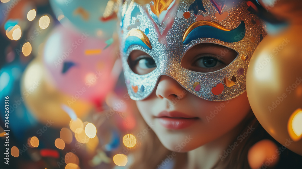 Close-up of Children Wearing Colorful Glitter Masks at a Festive Celebration Close-up of Children Wearing Colorful Glitter Masks at a Festive Celebration