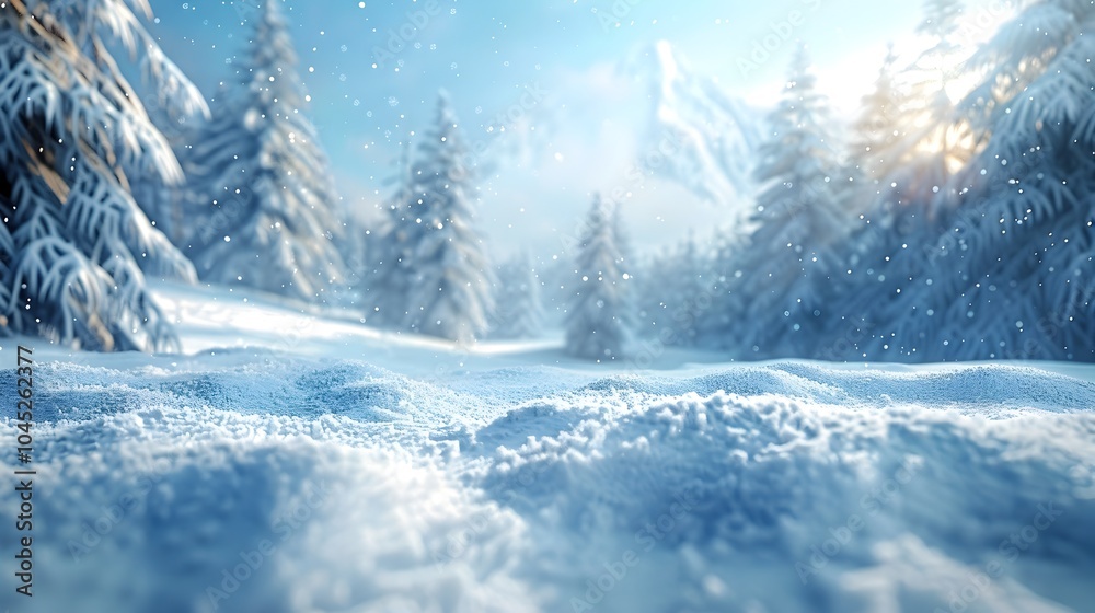 Fototapeta premium Stunning Winter Wonderland Landscape with Snowy Fir Trees and Majestic Mountains in the Distance