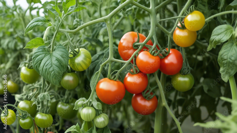 Red and green tomatoes growing on vine in garden Red and green tomatoes growing on vine in garden