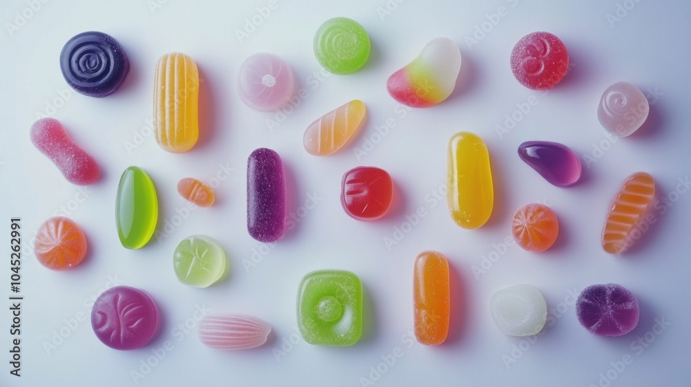 Fototapeta premium Jelly candies of different shapes and colors arranged playfully on a white surface, highlighting their vivid tones.