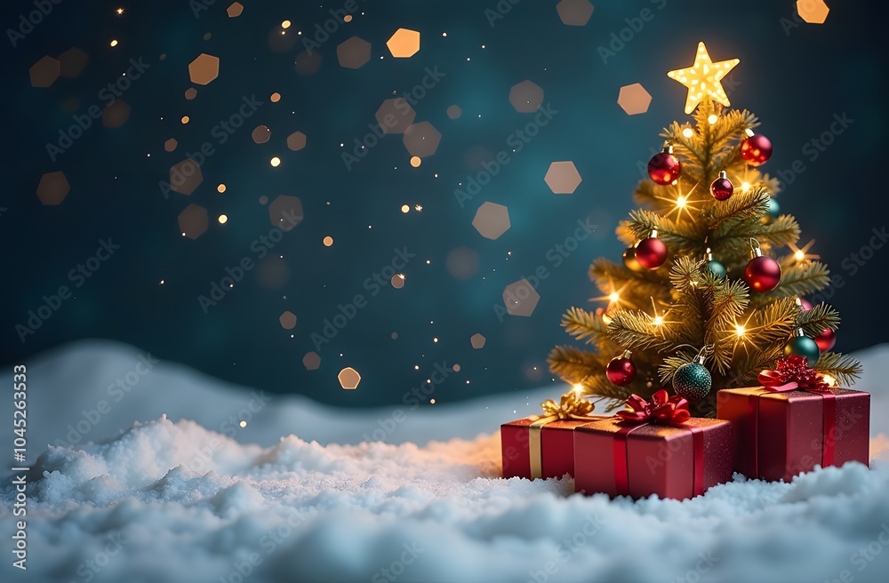 Obraz premium The festive Christmas tree shines brightly with ornaments and a star on top, surrounded by colorful gifts nestled in soft snow under a starry night sky