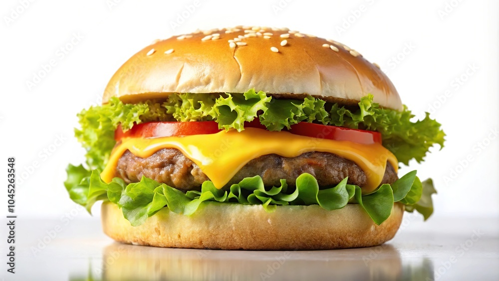 Fresh cheeseburger with meat patty, cheese sauce, and salad Fresh cheeseburger with meat patty, cheese sauce, and salad
