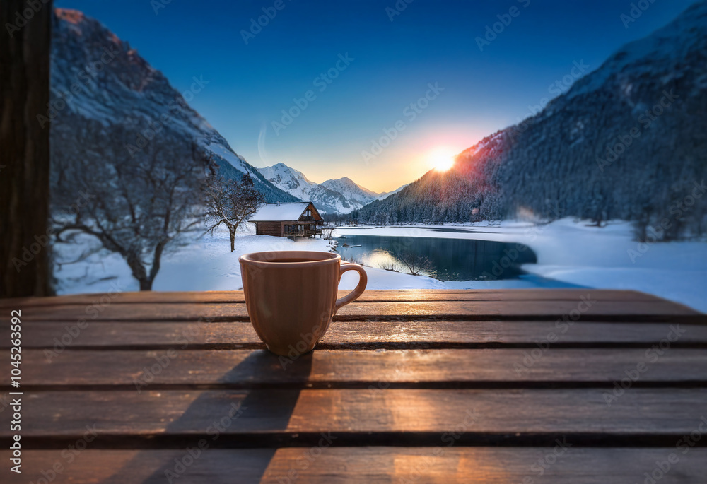 A steaming cup of coffee sits on a wooden table overlooking a snow-covered valley with a lake in the foreground and a sunrise in the background. A steaming cup of coffee sits on a wooden table overlooking a snow-covered valley with a lake in the foreground and a sunrise in the background.