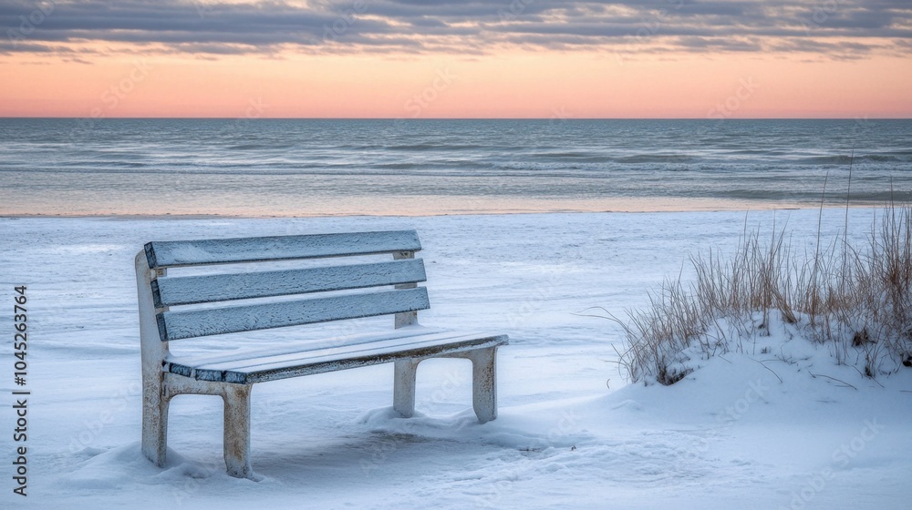Lonely bench overlooking the ocean on a deserted beach, the soft light of sunset adding a peaceful mood to the scene. Lonely bench overlooking the ocean on a deserted beach, the soft light of sunset adding a peaceful mood to the scene.