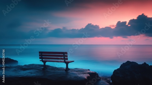 Lonely bench overlooking the ocean on a deserted beach, the soft light of sunset adding a peaceful mood to the scene.