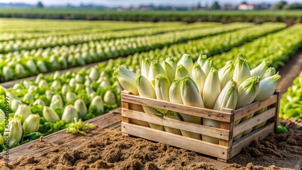 Fototapeta premium Fresh chicory in a wooden crate
