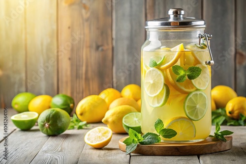 Fresh citrus lemonade with lemons and limes in beverage dispenser photo