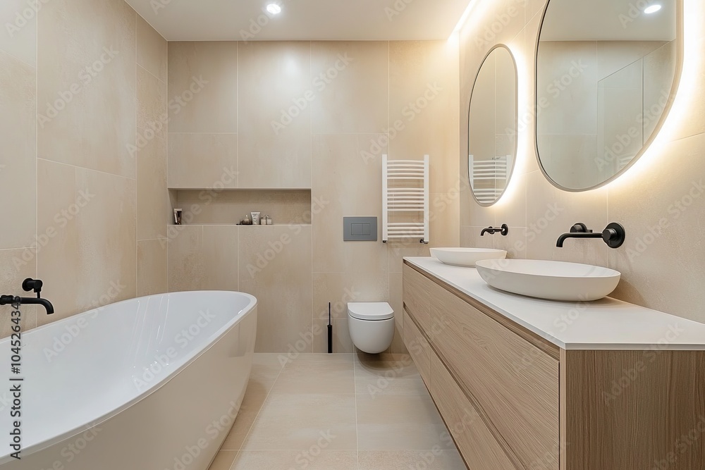 Fototapeta premium Modern bathroom with a freestanding bathtub, floating vanity, beige tiles, and large window bringing in natural light