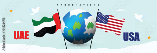 UAE and USA national flags, dove. UAE and USA foreign relations, meetings cover banner with earth globe between flags of United states of America and United Arab Emirates. Foreign relations concept