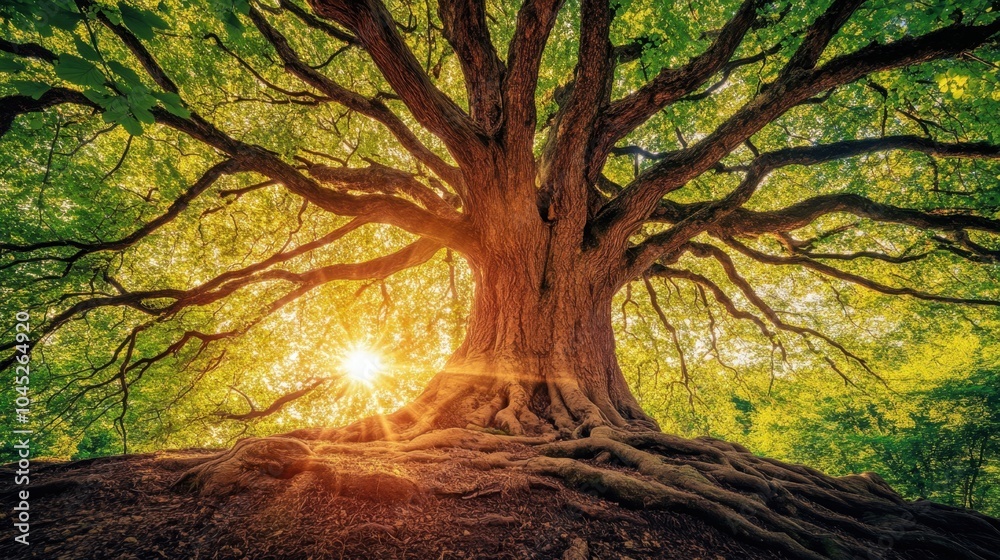 Majestic tree with sunlight illuminating its leaves and the forest floor below, creating a peaceful, natural beauty. Majestic tree with sunlight illuminating its leaves and the forest floor below, creating a peaceful, natural beauty.