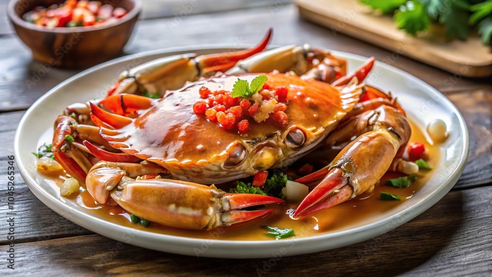 Fresh crab marinated in fish sauce on plate in restaurant Fresh crab marinated in fish sauce on plate in restaurant