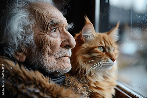 An elderly man gazes thoughtfully out the window while a fluffy orange cat rests beside him. Rain trickles down the glass, creating a cozy atmosphere inside during a quiet afternoon. photo