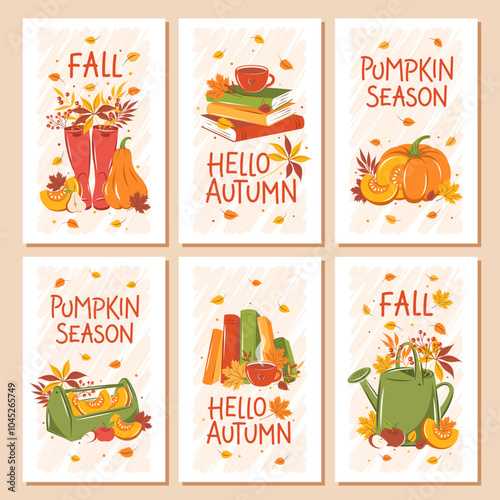 Hello, Autumn. Happy thanksgiving. Set cards with books, pumpkin, fruit, watering can and autumn leaves. Vector illustration for banner, holiday cover, marketing, sale.