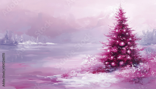 Whimsical pink christmas wonderland scene. A magical pink Christmas scene featuring a beautifully decorated tree and snowy landscape