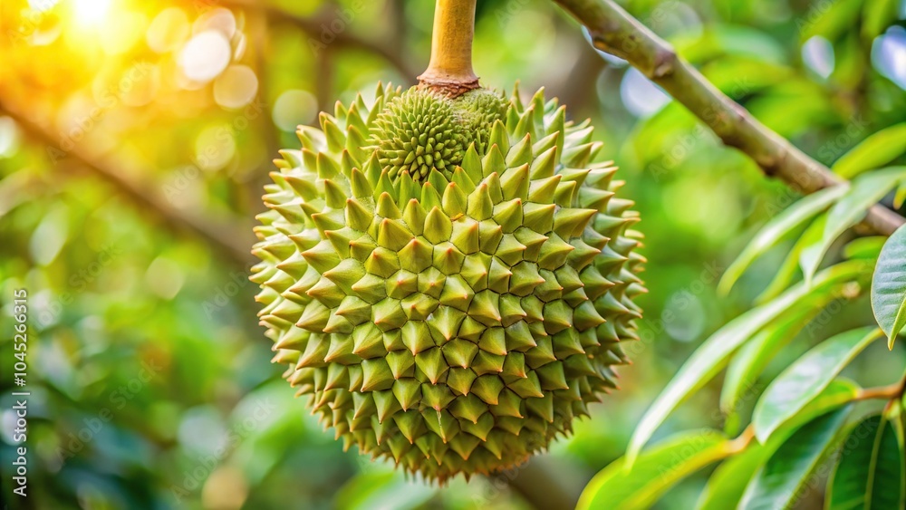 Fresh durian fruit hanging from tree in garden Fresh durian fruit hanging from tree in garden