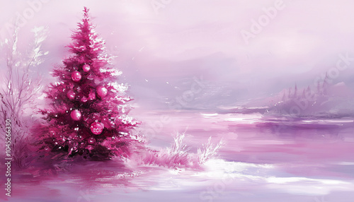 Whimsical pink christmas wonderland scene. A magical pink Christmas scene featuring a beautifully decorated tree and snowy landscape