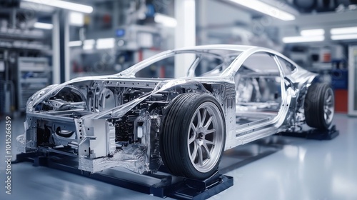 Car body manufacturing with high-tech machinery shaping metal and assembling car frames with precision.