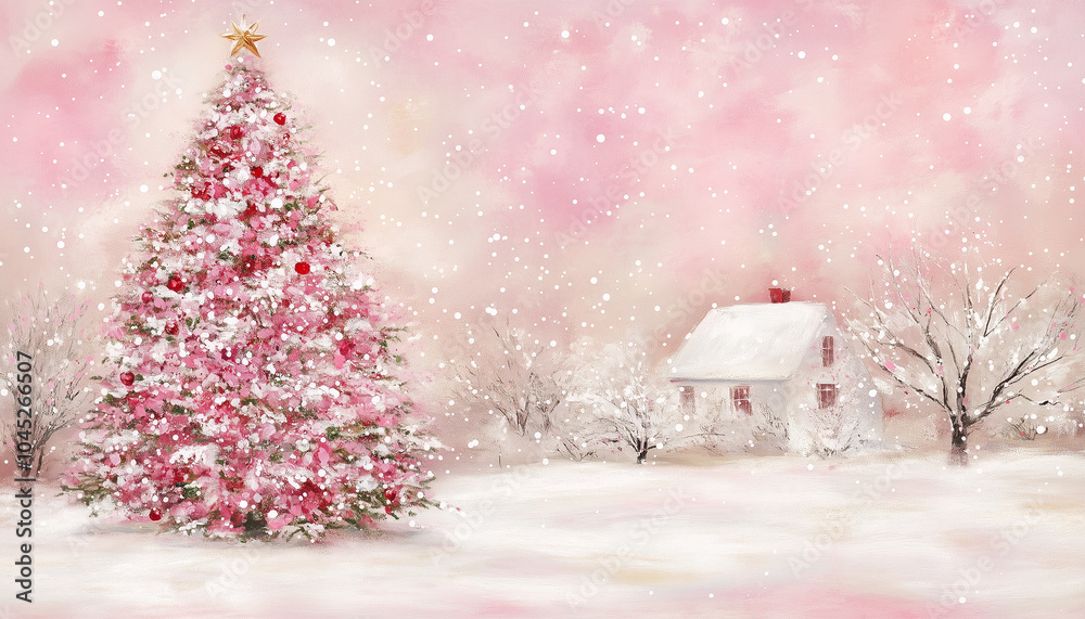 Fototapeta premium Whimsical pink christmas wonderland scene. A magical pink Christmas scene featuring a beautifully decorated tree and snowy landscape