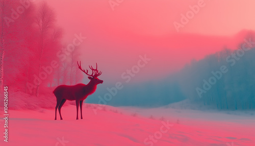 Whimsical deer in magical pink winter wonderland