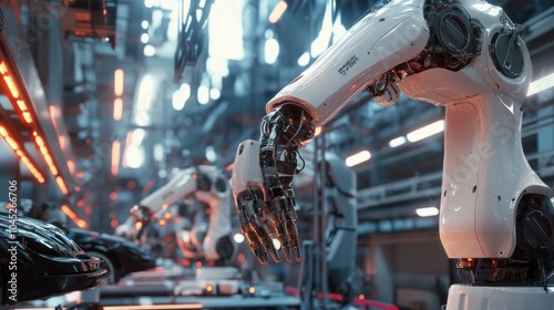 Car manufacturing plant with large, automated assembly lines and robots working efficiently on car bodies. photo
