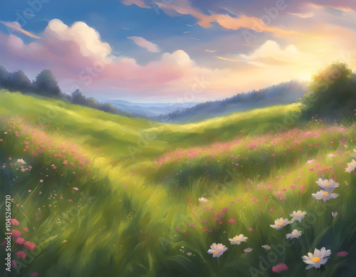 Grassy field, wildflowers, beautiful skya beautiful spring landscape background.  photo