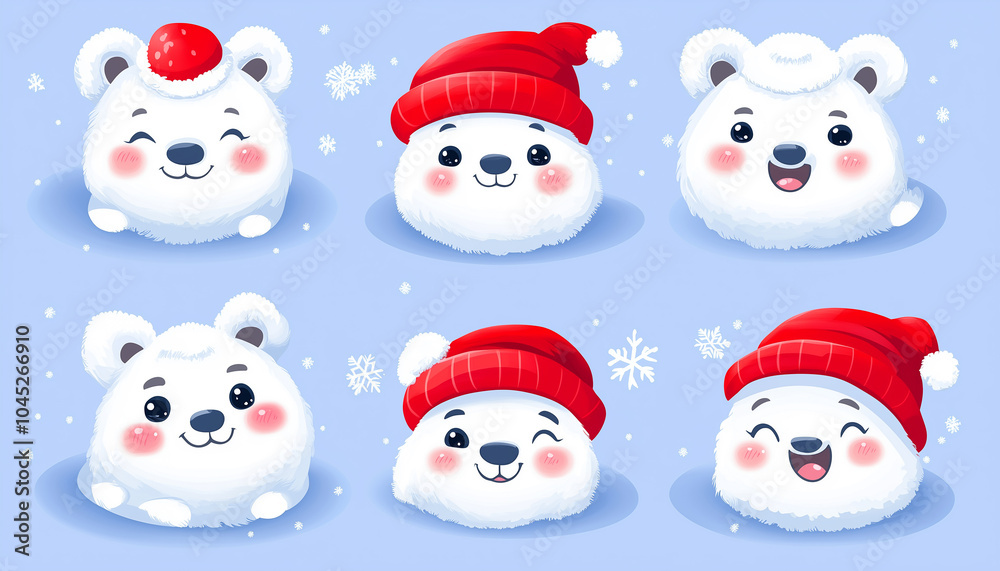 Polar white little small bear cub wearing hat and red scarf.Flat design Winter blue background Snow flake Polar white little small bear cub wearing hat and red scarf.Flat design Winter blue background Snow flake