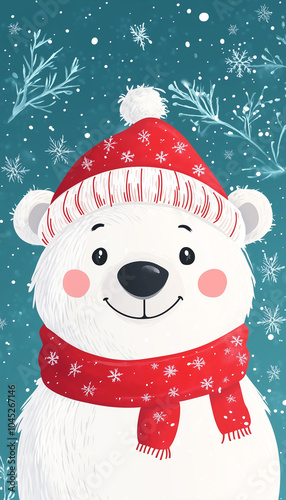Polar white little small bear cub wearing hat and red scarf.Flat design Winter blue background Snow flake