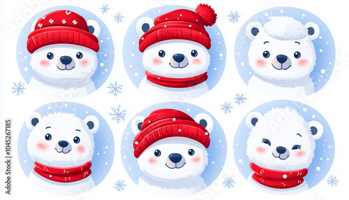 Polar white little small bear cub wearing hat and red scarf.Flat design Winter blue background Snow flake