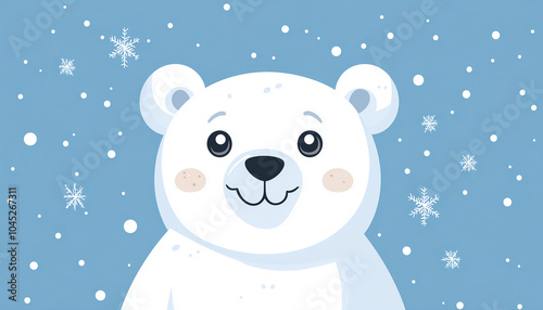 Polar white little small bear cub head face looking up to snow flake. Big eyes. Cute cartoon baby character. Arctic animal collection