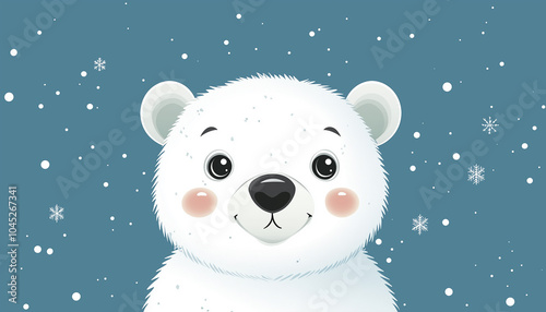 Polar white little small bear cub head face looking up to snow flake. Big eyes. Cute cartoon baby character. Arctic animal collection