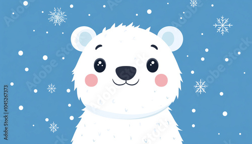 Polar white little small bear cub head face looking up to snow flake. Big eyes. Cute cartoon baby character. Arctic animal collection