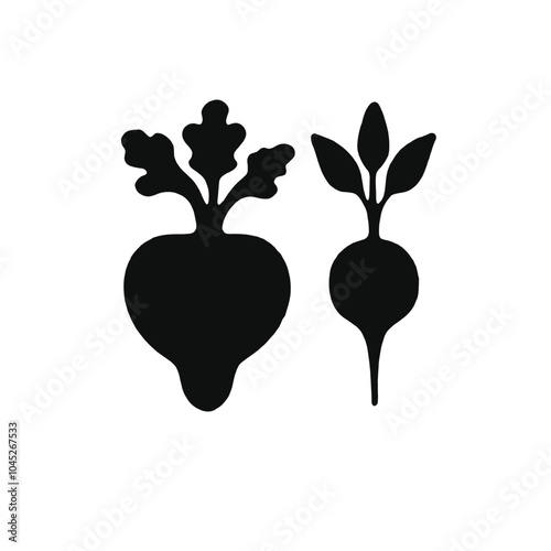 Two black silhouettes of vegetables, one appears to be a beet and the other a radish