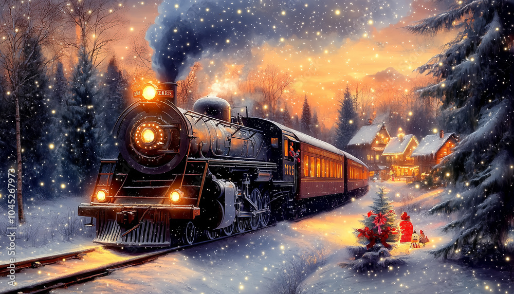 A vibrant Christmas train makes its way through a picturesque snowy village, blending with charming holiday decorations and cheerful Santa figures A vibrant Christmas train makes its way through a picturesque snowy village, blending with charming holiday decorations and cheerful Santa figures