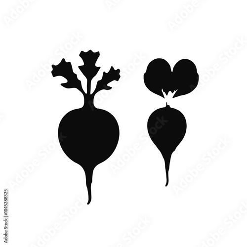 Two black silhouettes of vegetables, one appears to be a beet and the other a radish