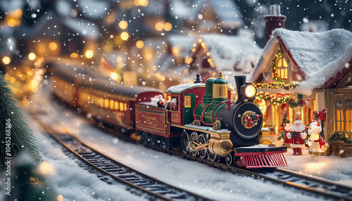 A vibrant Christmas train makes its way through a picturesque snowy village, blending with charming holiday decorations and cheerful Santa figures