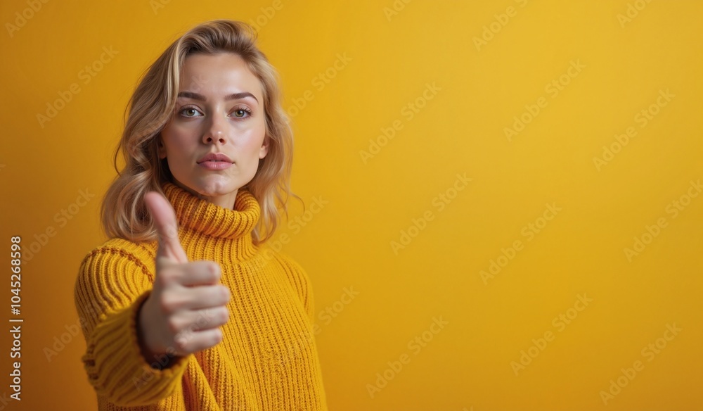 Smiling man with thumbs up expressing positivity against yellow background with copy space Smiling man with thumbs up expressing positivity against yellow background with copy space