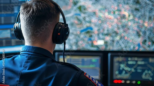 A man wearing a headset sits in front of a computer screen monitoring a city map
