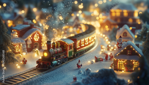 A vibrant Christmas train makes its way through a picturesque snowy village, blending with charming holiday decorations and cheerful Santa figures