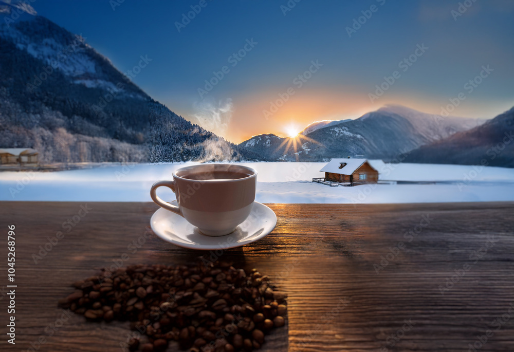 A steaming cup of coffee rests on a wooden table overlooking a snowy mountain landscape with a small cabin in the distance and a sunrise in the background. A steaming cup of coffee rests on a wooden table overlooking a snowy mountain landscape with a small cabin in the distance and a sunrise in the background.