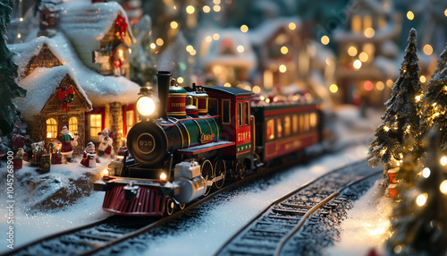 A vibrant Christmas train makes its way through a picturesque snowy village, blending with charming holiday decorations and cheerful Santa figures