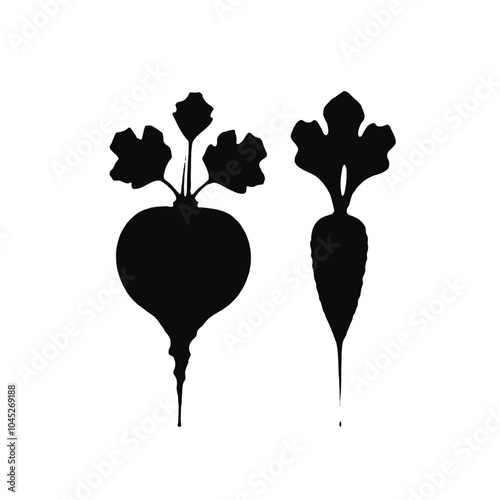 Two black silhouettes of vegetables, one appears to be a beet and the other a radish