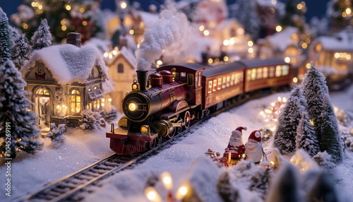 A vibrant Christmas train makes its way through a picturesque snowy village, blending with charming holiday decorations and cheerful Santa figures