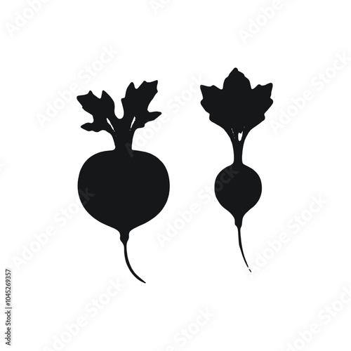 Two black silhouettes of vegetables, one appears to be a beet and the other a radish