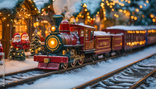 A vibrant Christmas train makes its way through a picturesque snowy village, blending with charming holiday decorations and cheerful Santa figures