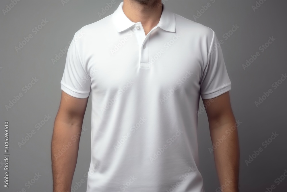 A man wearing white blank viscose blend knit polo shirt t-shirt sleeve midsection.