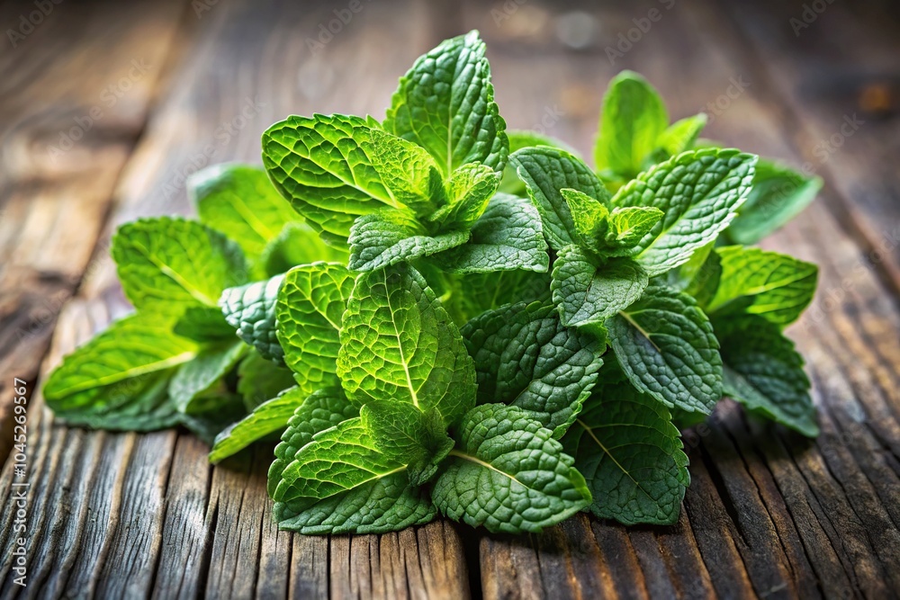 Fresh green mint on wooden background, selective focus Fresh green mint on wooden background, selective focus