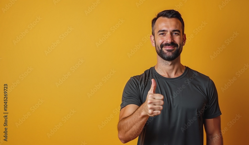 Bearded Man Smiling Confidently Giving Thumbs Up Against Yellow Background with Copy Space Bearded Man Smiling Confidently Giving Thumbs Up Against Yellow Background with Copy Space