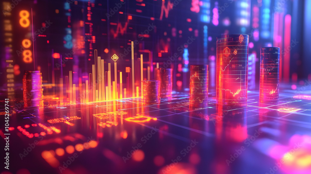 3D Business Abstract Digital Art with Floating Glowing Investment Charts, Money Bags, Financial Success, Business Growth Ideal for Ads and Promotions on White Background 3D Business Abstract Digital Art with Floating Glowing Investment Charts, Money Bags, Financial Success, Business Growth Ideal for Ads and Promotions on White Background