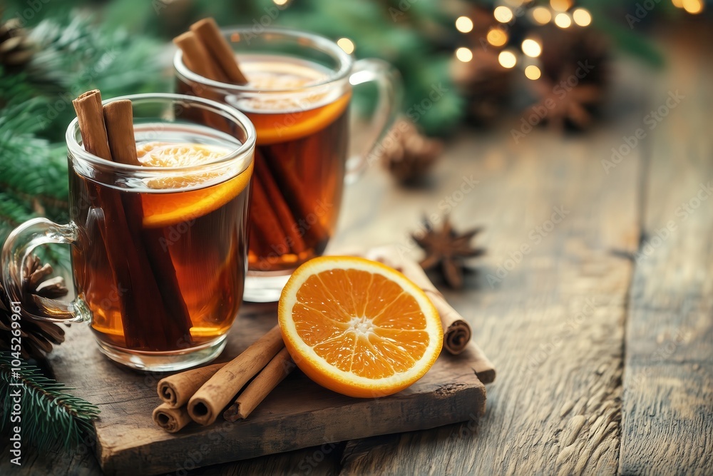 mulled wine with cinnamon stick and orange slice on wooden rustic table, close-up. Traditional hot drink for Christmas mulled wine with cinnamon stick and orange slice on wooden rustic table, close-up. Traditional hot drink for Christmas
