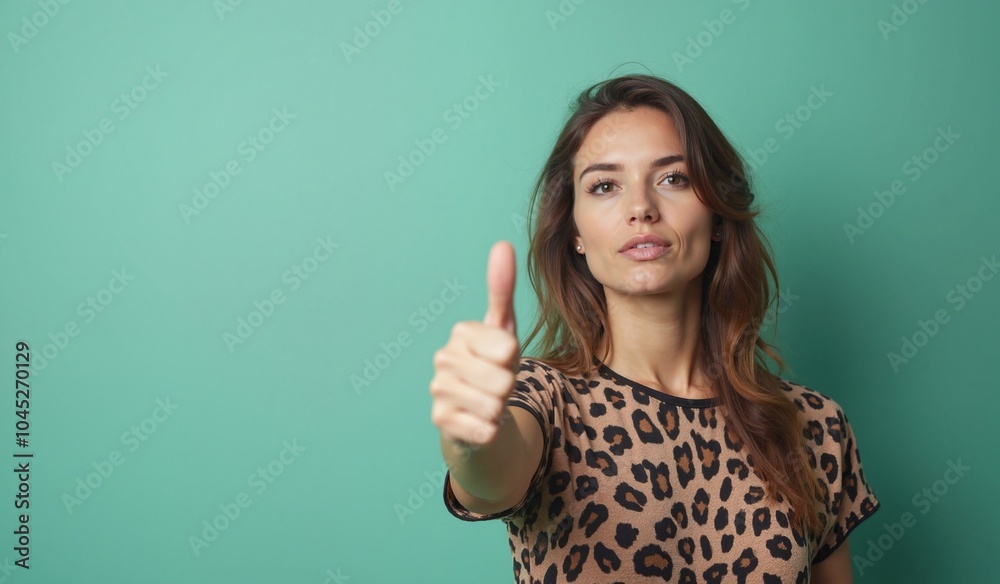Woman with confident expression giving thumbs up against teal background with copy space Woman with confident expression giving thumbs up against teal background with copy space